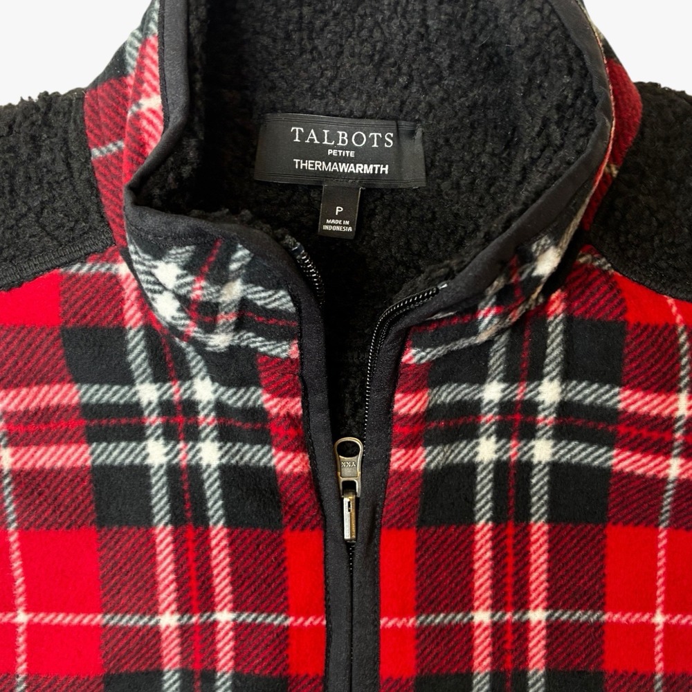 Talbots Thermawarmth Vest Red Black Plaid Women's Sherpa Fleece Sz Petite